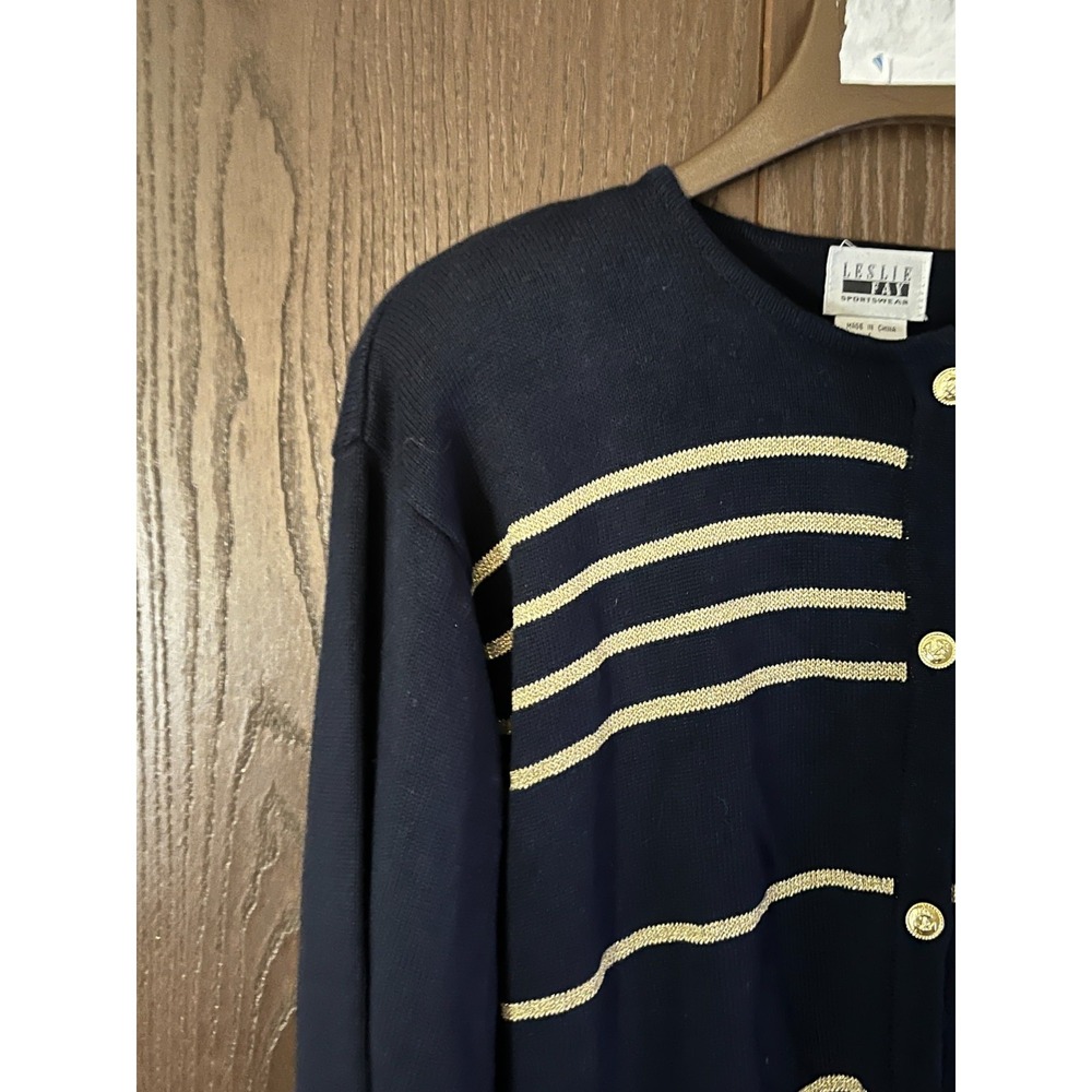 Leslie Fay Navy Blue Gold Metallic Striped Nautical Anchor Button Cardigan L - Picture 5 of 8